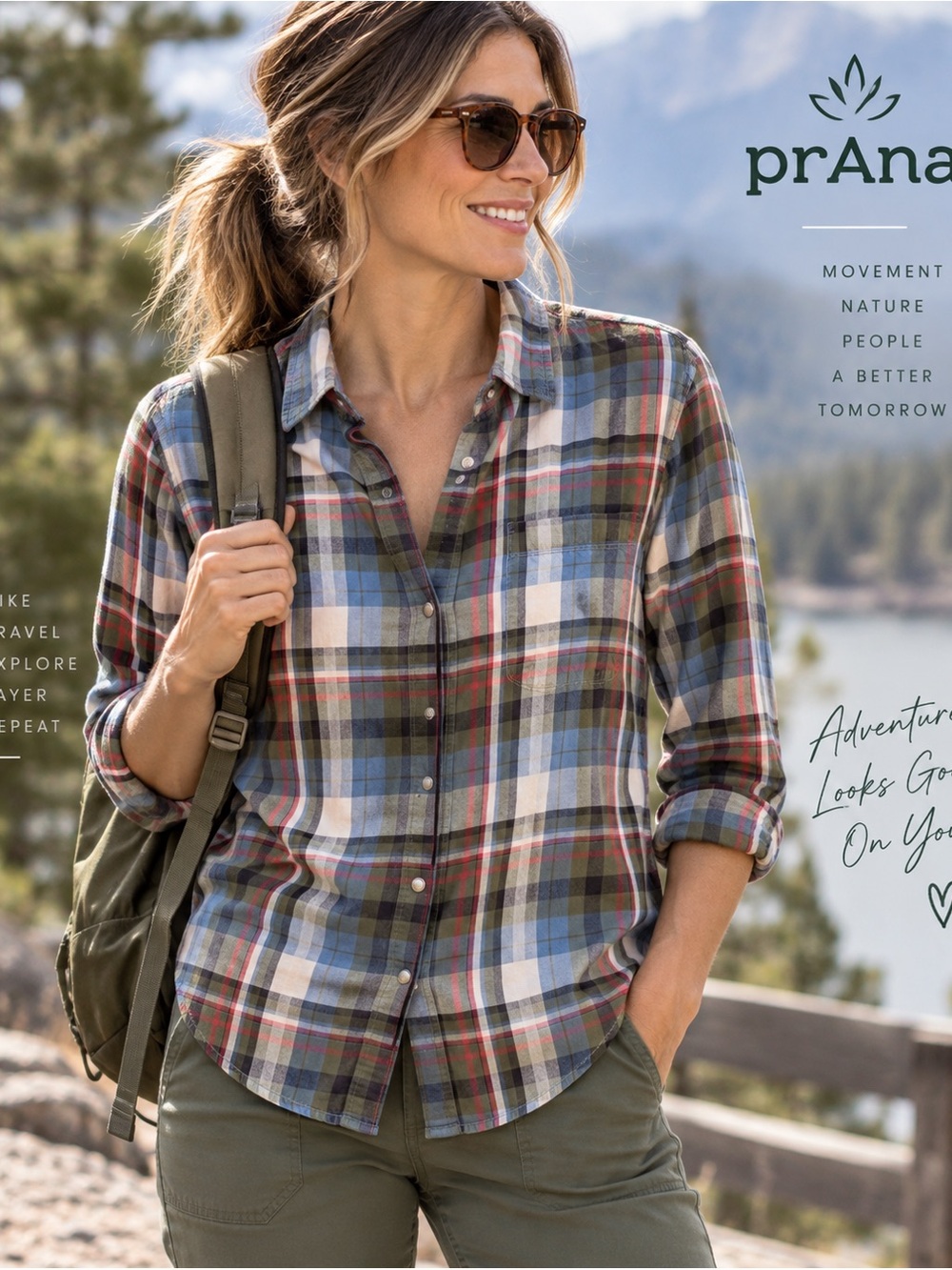 prAna Women’s Plaid Button-Up Shirt Blue Olive Red Medium